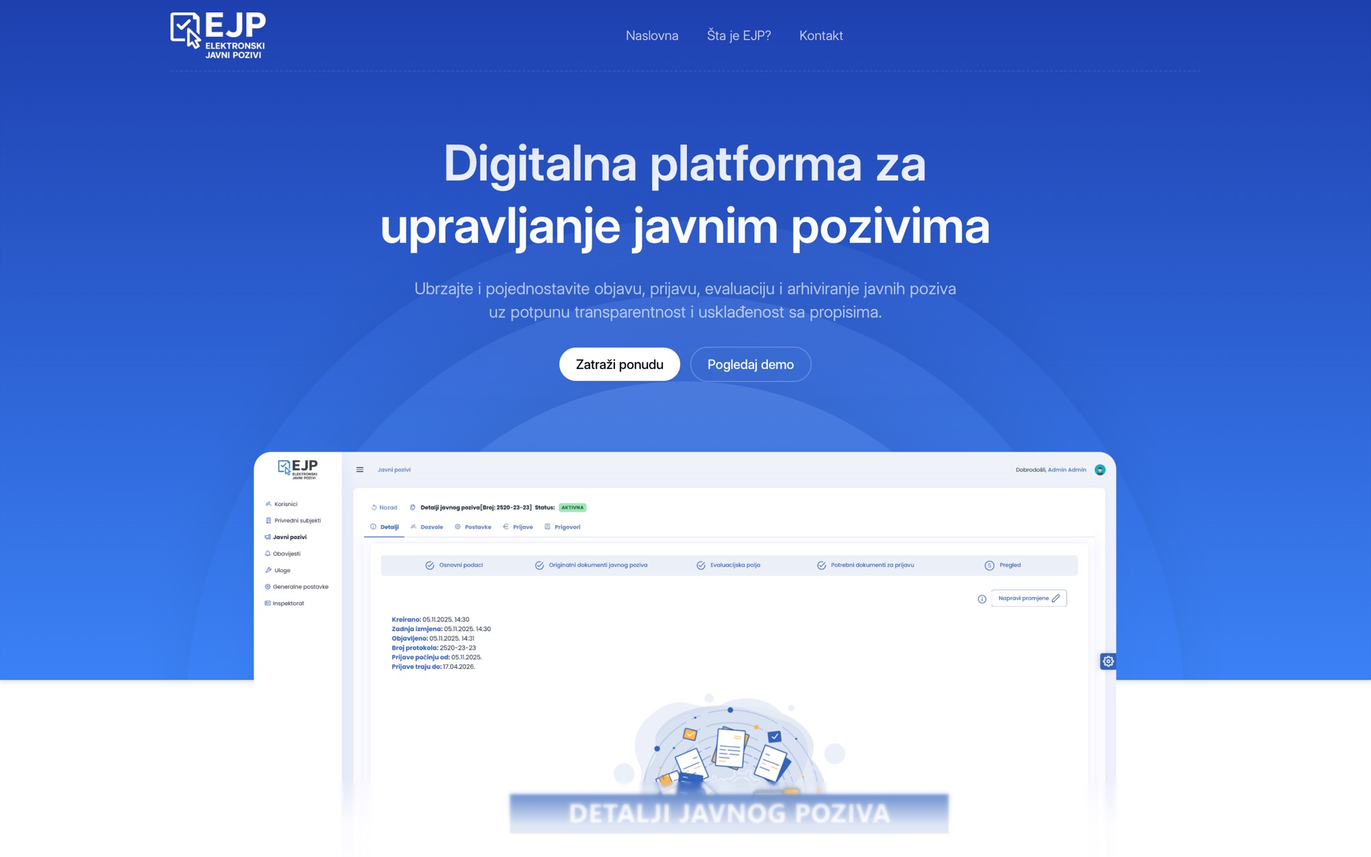 Početna stranica platforme EJP — Elektronski javni pozivi